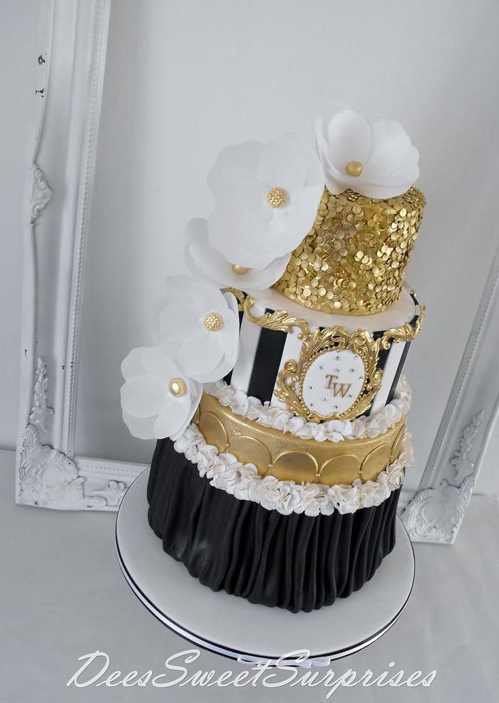 Black and white with gold sequins.