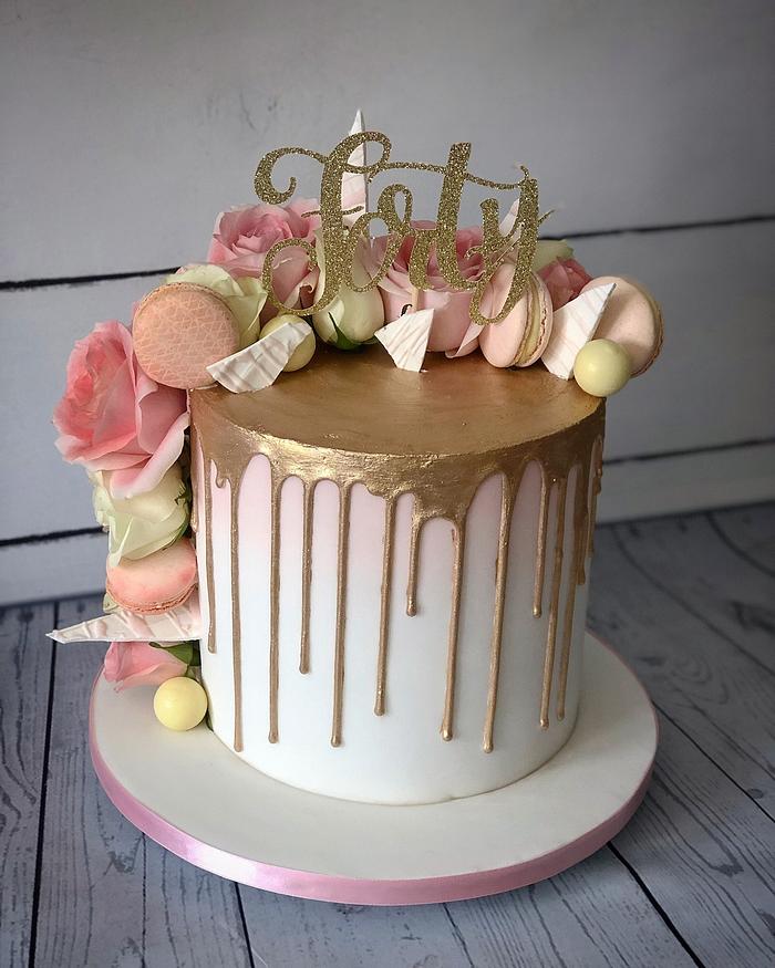 Pale gold and blush drip cake 