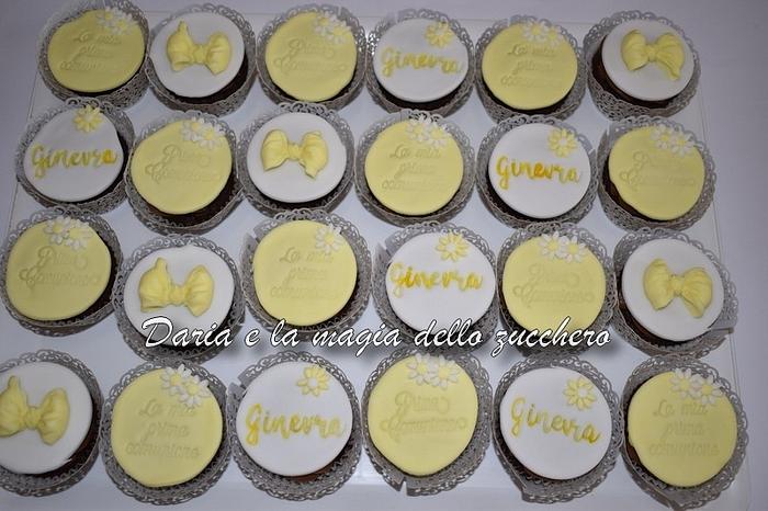 Yellow first communion cupcakes