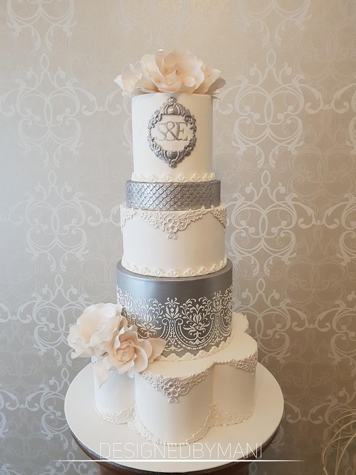 White & Silver wedding cake 