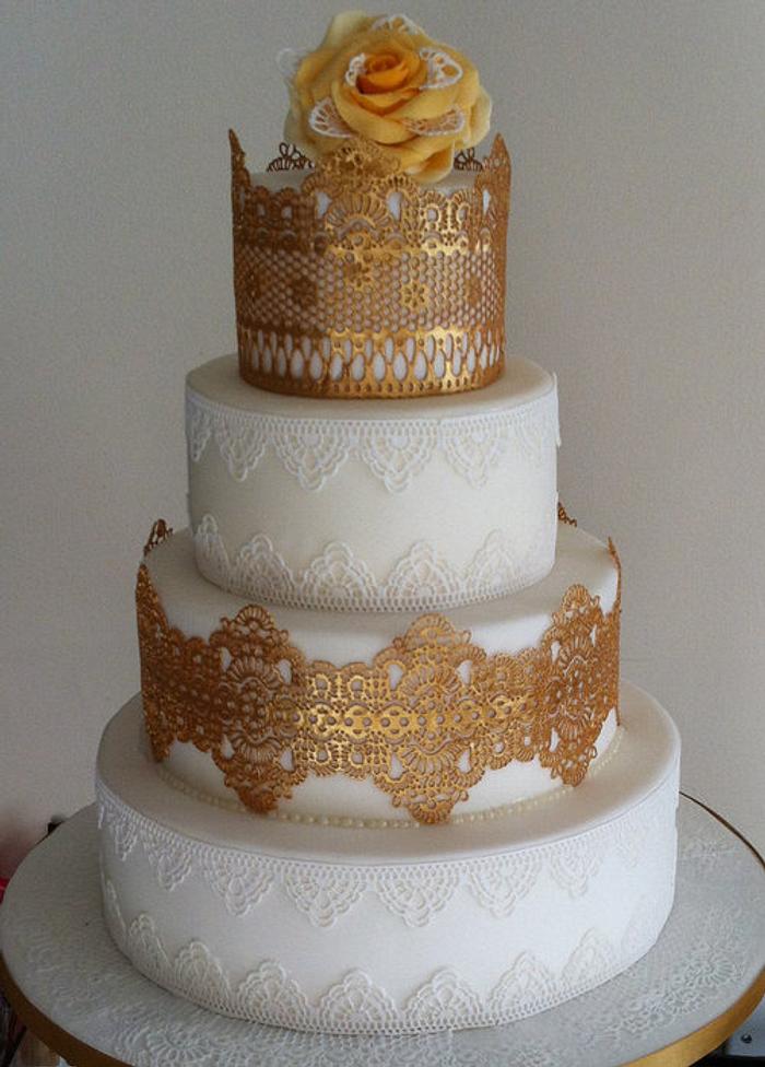 Gold and White Edible Lace Cake