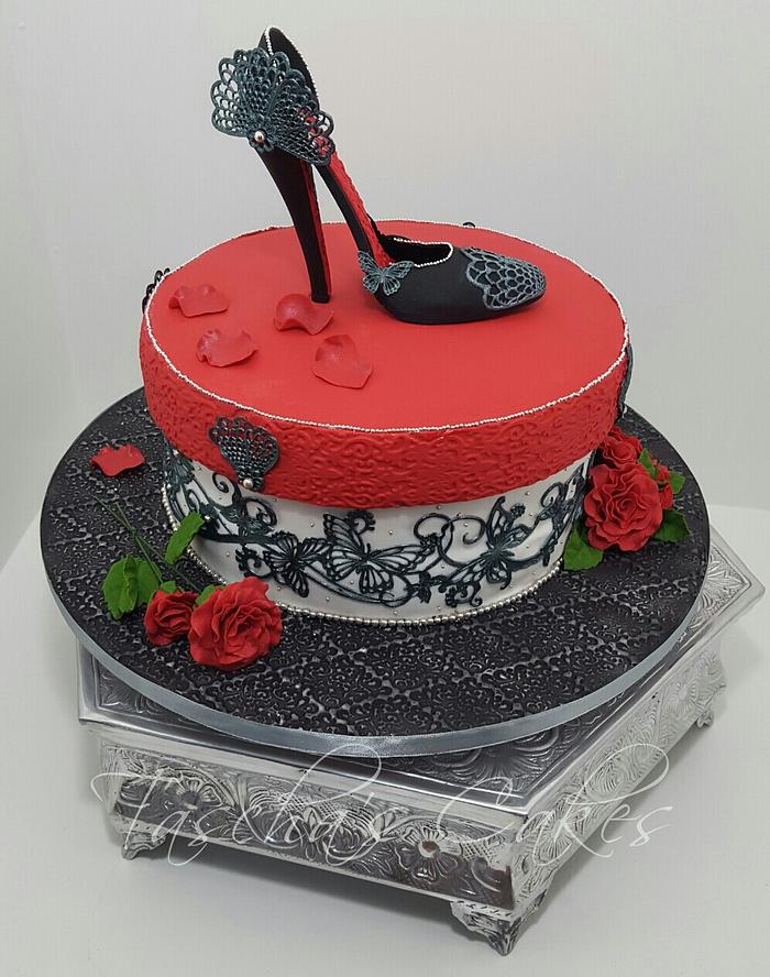 Red hatbox shoe cake