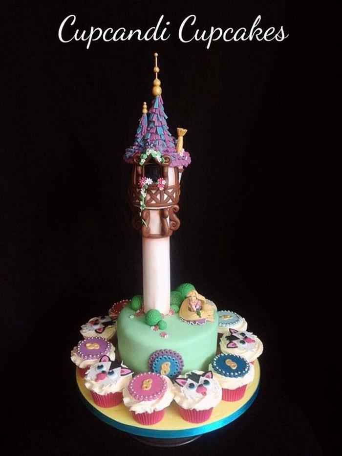 Tangled tower with moshi cupcakes