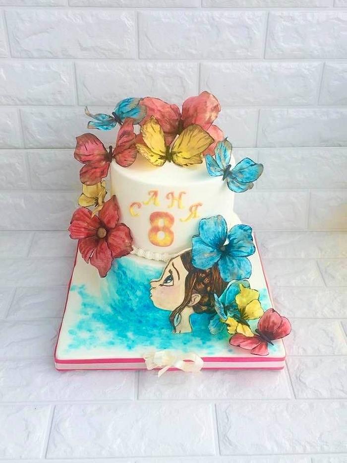 cake with waffle flowers and butterflies