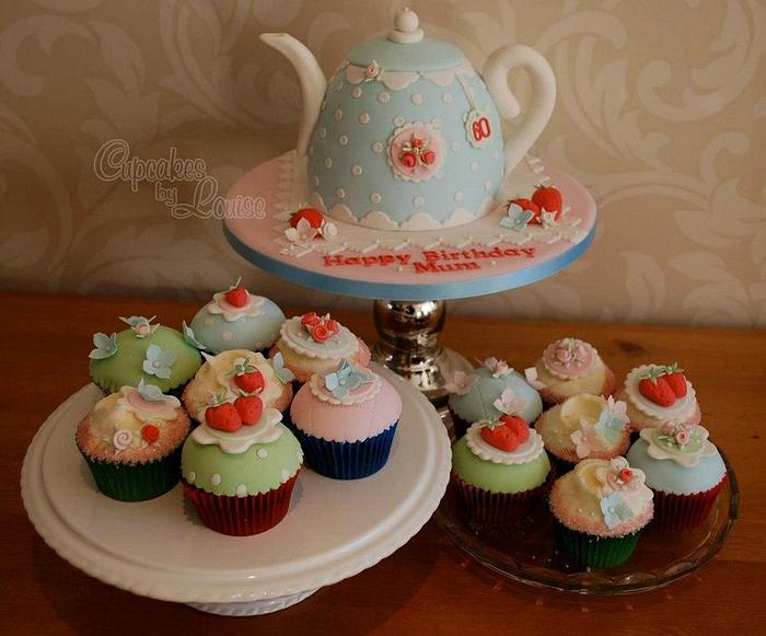 Cath Kidston style teapot cake and matching cupcakes
