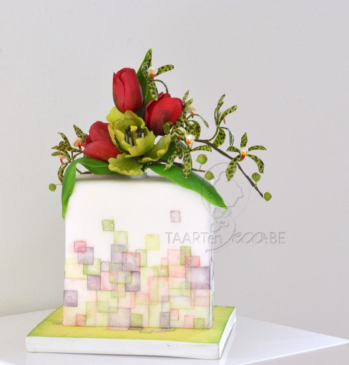 Cake with squares and flowers (tulips, parrot tulips and aranda orchids)