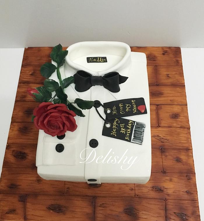 White shirt cake with red rose 