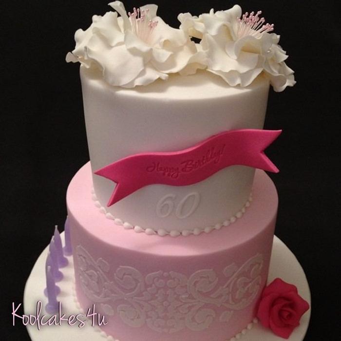 Big white flower & pink rose 60th birthday cake 