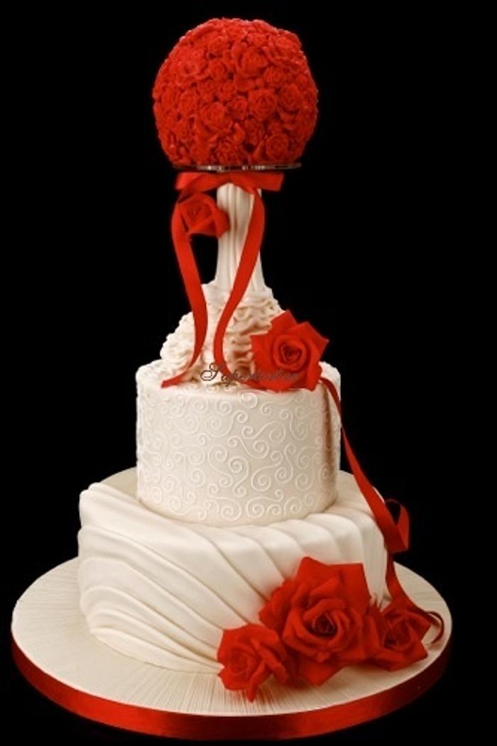 Red rose ball and pleats cake