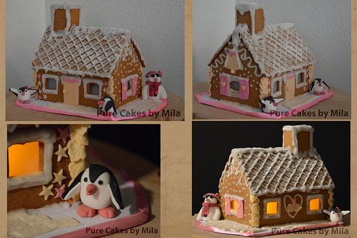 Penguins with their Gingerbread House