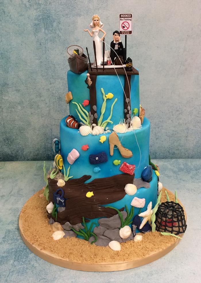 Wedding cake for a fisherman and a shoppoholic