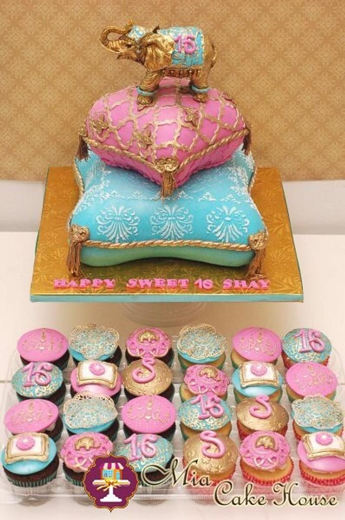 Sweet 16 pillows cake & cupcakes