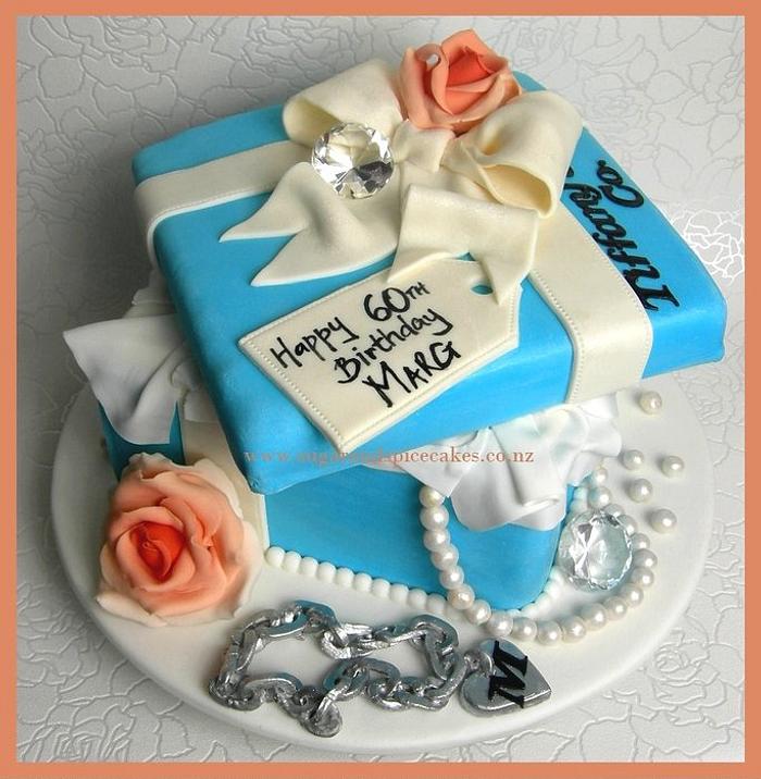 Gift Box Cake with Handmade peals - all edible except glass diamond