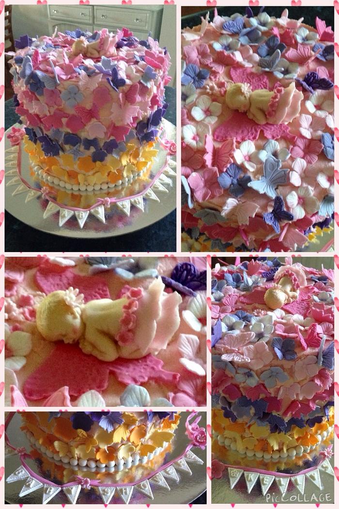 Butterflies & flowers baby shower cake 