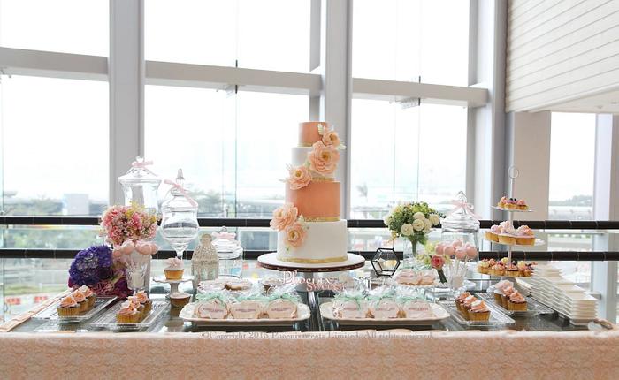 Wedding Cake with Sweets Table at Four Seasons Hotel, Hong Kong