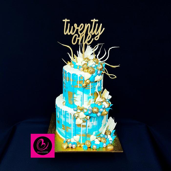 Teal gold and white 21st chocolate overload cake