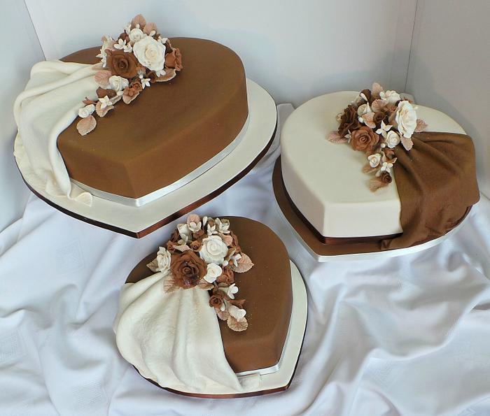 Brown and white heart shaped wedding cakes