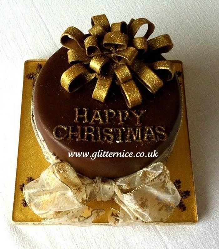 Chocolate Christmas Cake with gold ribbons