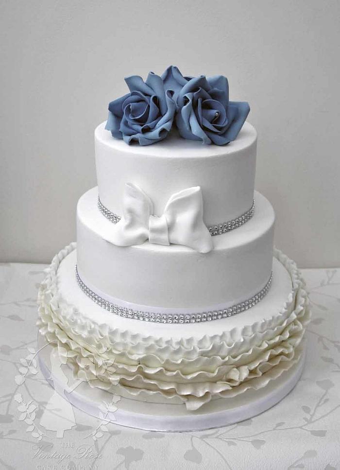 Royal Blue Rose & Ombre Ruffle Wedding Cake