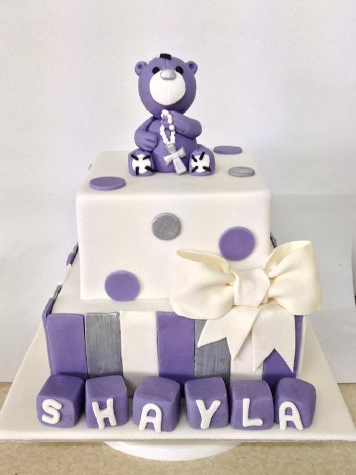 Purple teddy christening cake