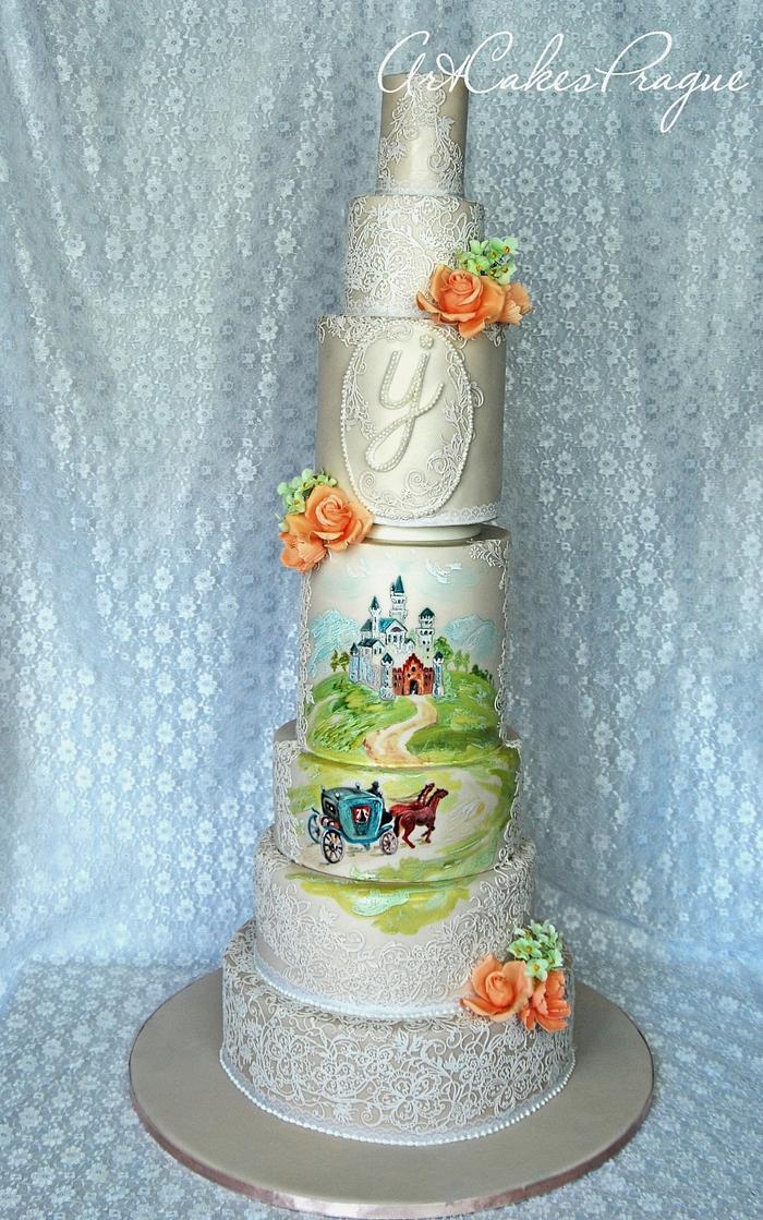 Princess hand-painted cake for the luxury wedding in Prague