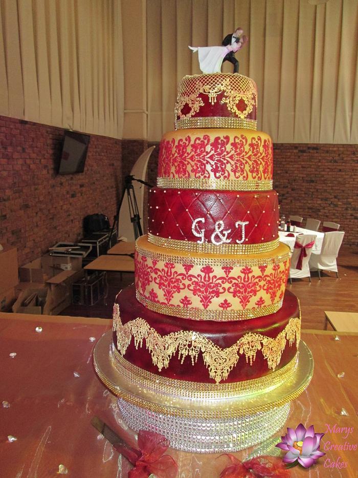 Maroon Red and Gold Wedding Cake