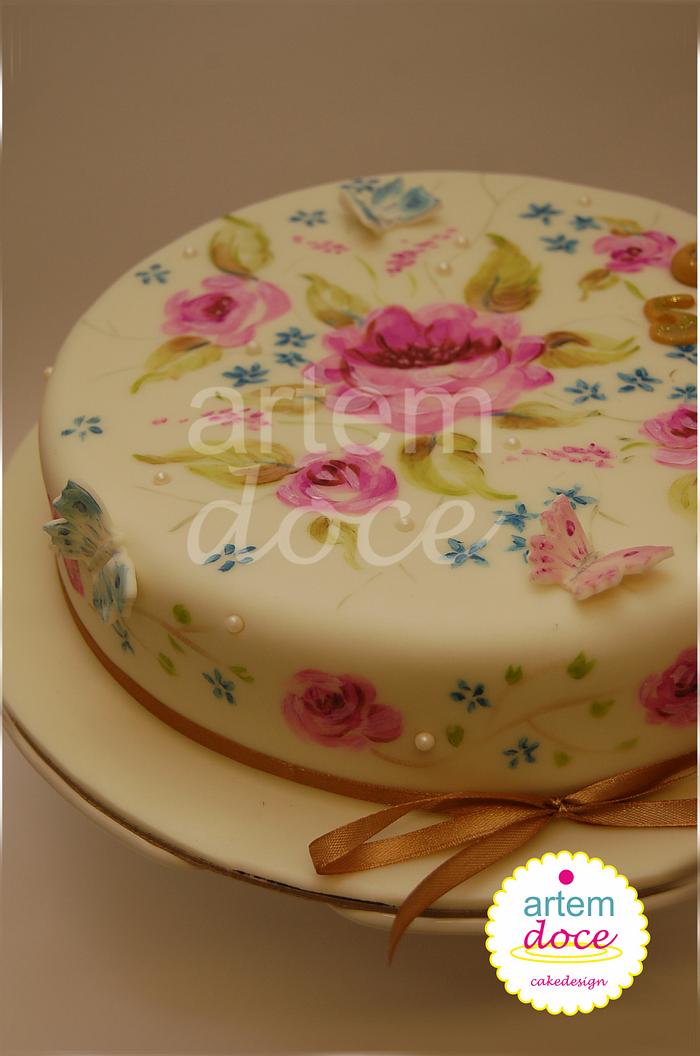 Painted cake - Flowers and butterfies