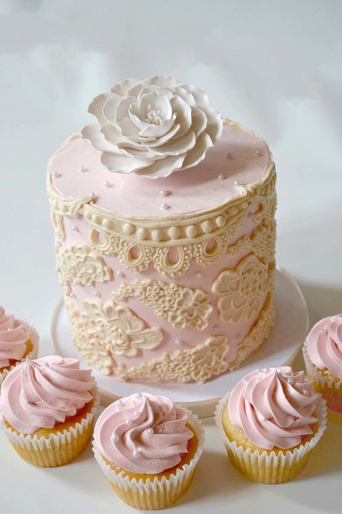 Blush vintage and lace wedding cake and cupcakes
