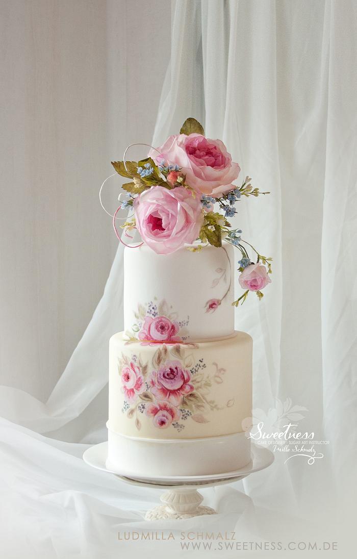 Painted Roses Cake with Wafer Paper Bouquet