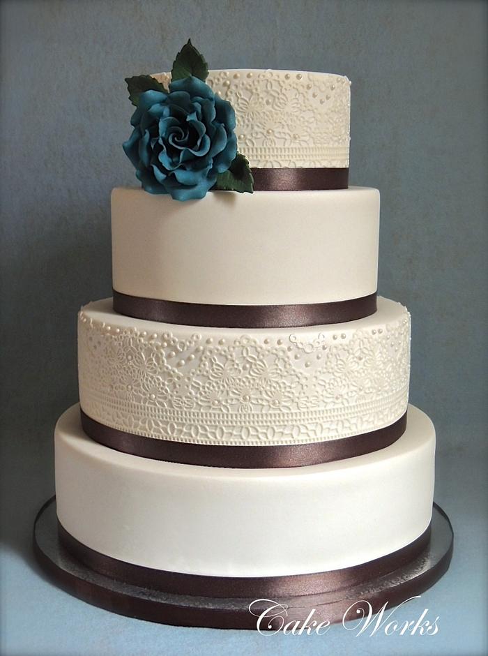 Alternating Lace and Satin Ribbon Wedding Cake