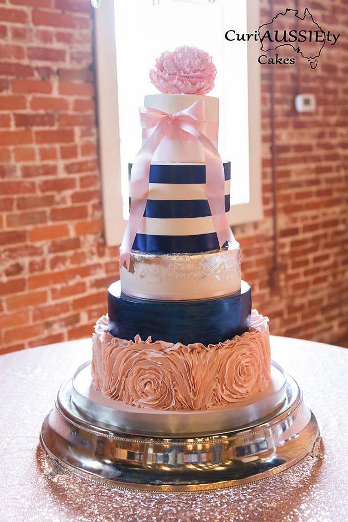 Blush pink and Navy blue wedding cake