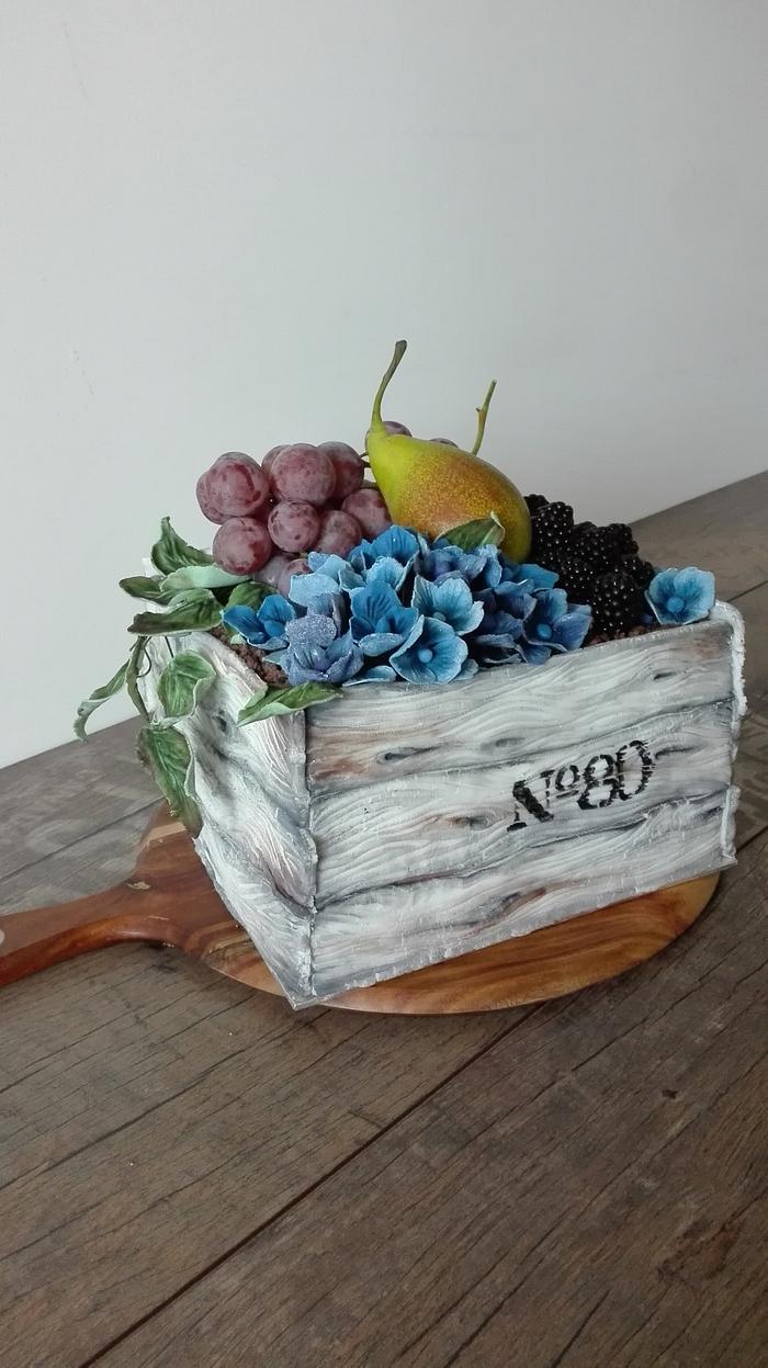 Planter box cake with hydrangeas