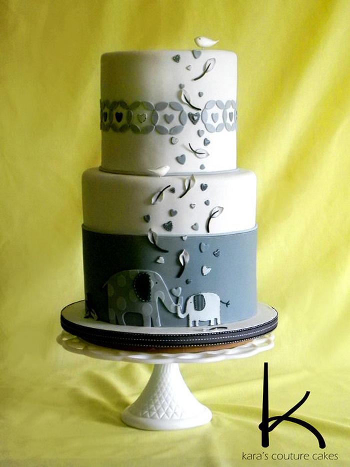 Elephant Themed Baby Shower Cake in Shades of Gray
