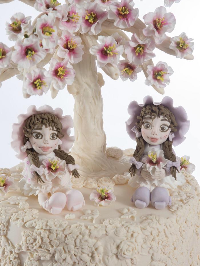 Best friends collaboration - Little girls under blossom tree