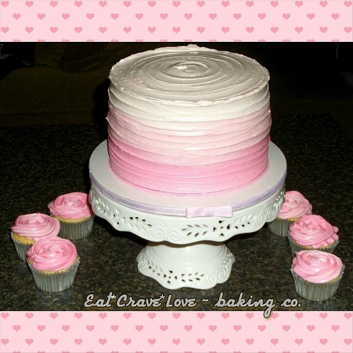Pretty in Pink ombre swirl cake & cupcakes