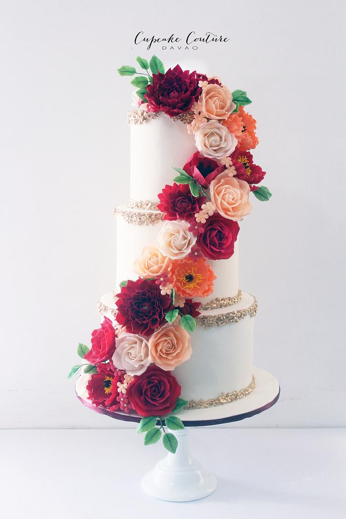Cascading Sugar Flowers Wedding Cake Decorated Cake By Cakesdecor
