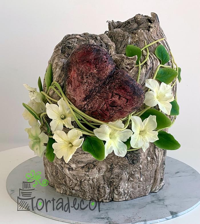 Stone heart wedged in a tree cake