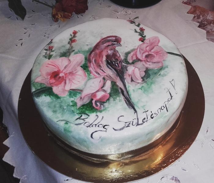 Bird and orchid hand painted cake
