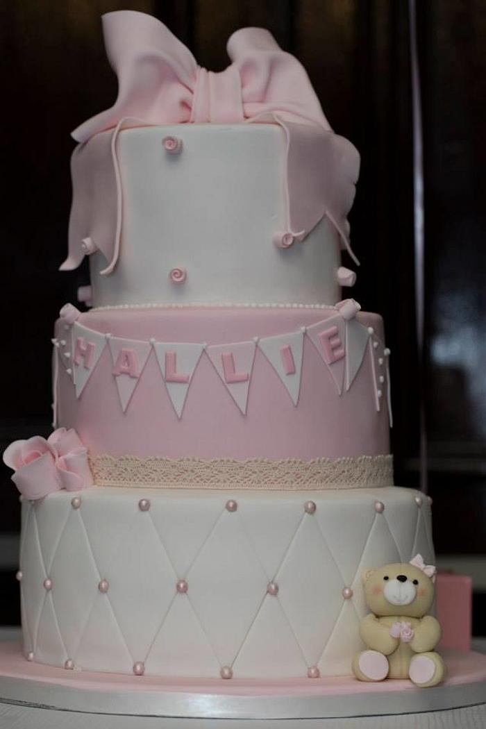 Bow, bunting and bear christening cake