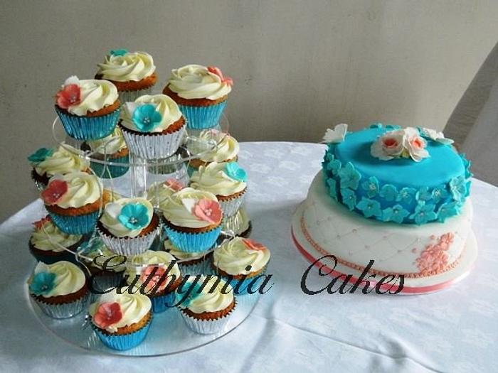 Coral and Turquoise Wedding Cake