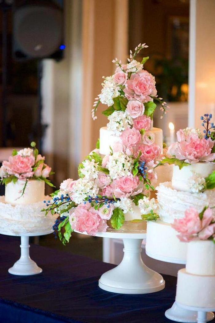 Navy and Pink Sugar Flower Wedding Cakes