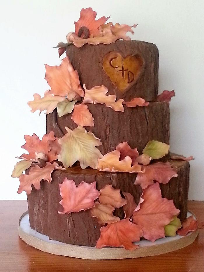 Fall leaves and Tree Trunk Wedding cake