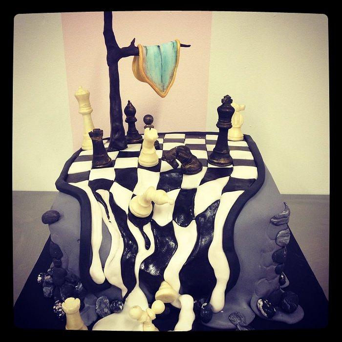 Dali Chess Cake with chocolate chess pieces