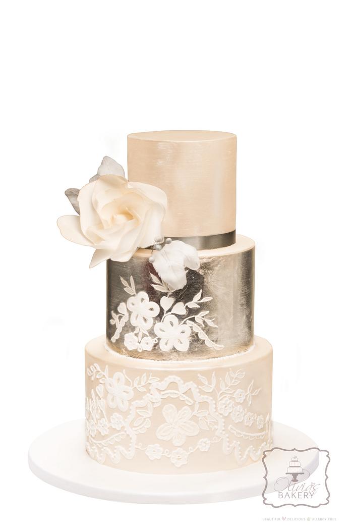 Silver Leaf & Embroidery Wedding Cake