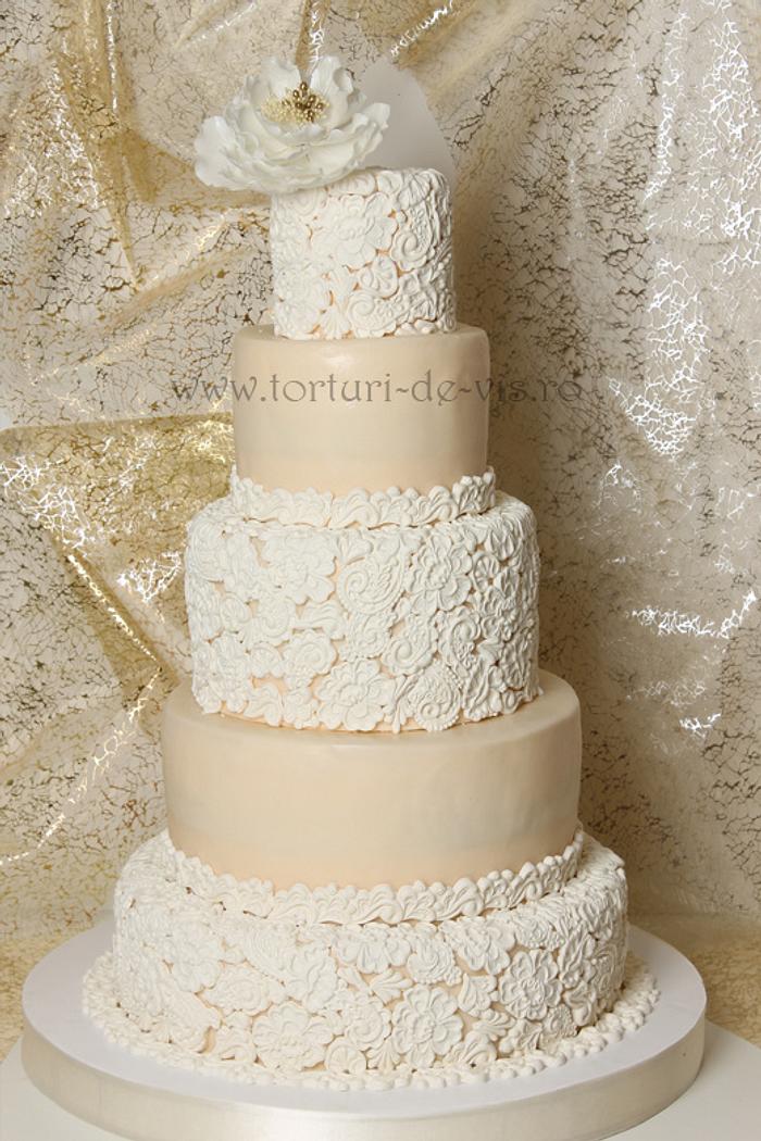 Lace and Peony Wedding Cake