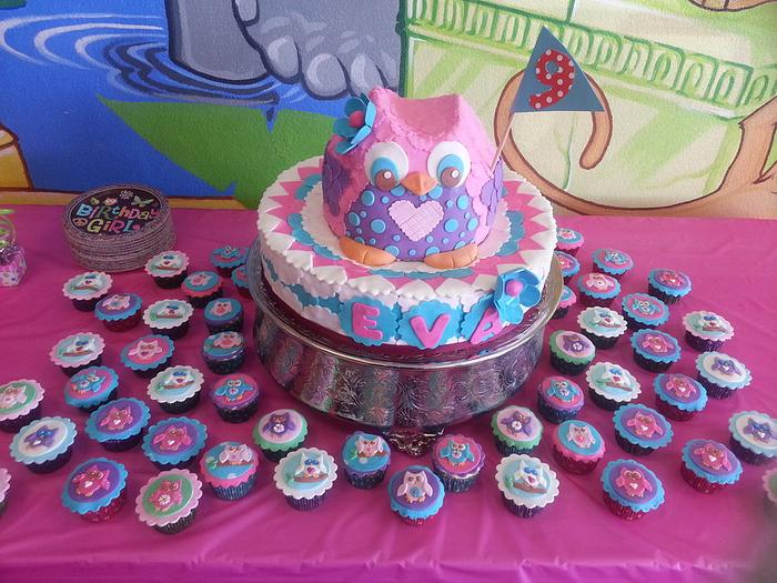 owl  birthday cake and cupcakes