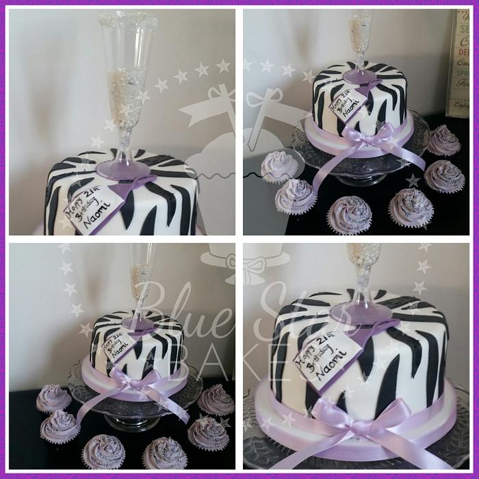 Zebra Print 21st cake and cupcakes