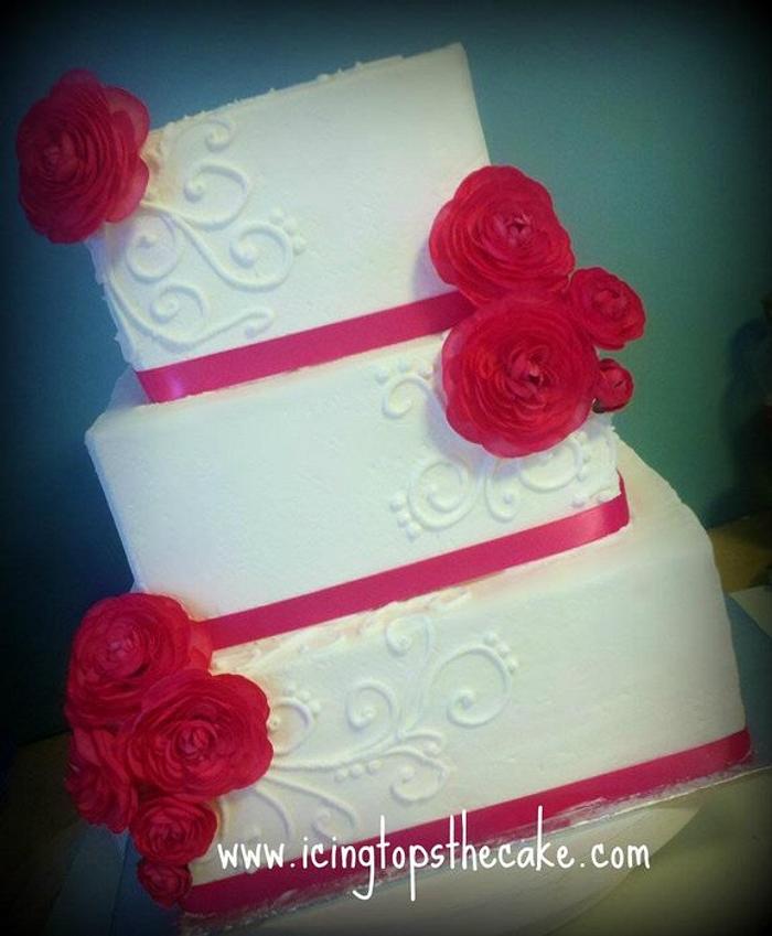 White and Hot Pink Wedding Cake w/ Ranunculus Flowers