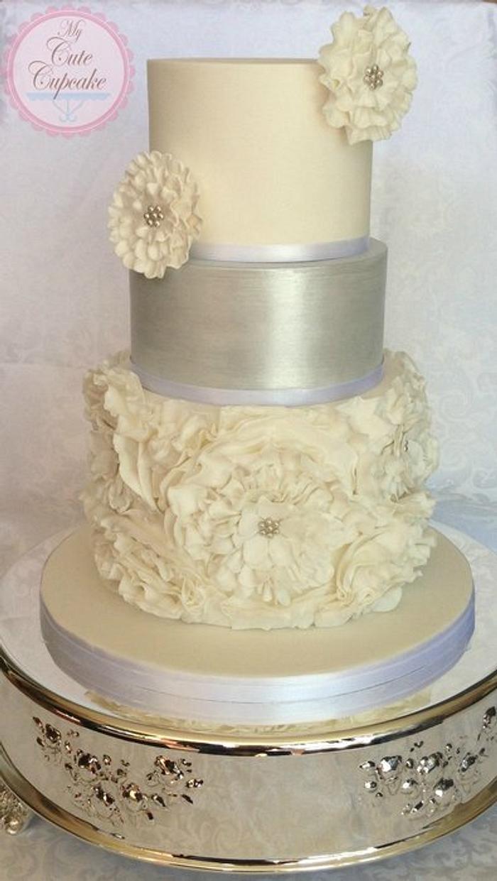 Ruffled White & Silver 3 Tier Wedding Cake