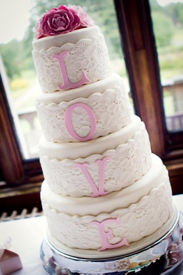 Vintage Lace LOVE Wedding Cake